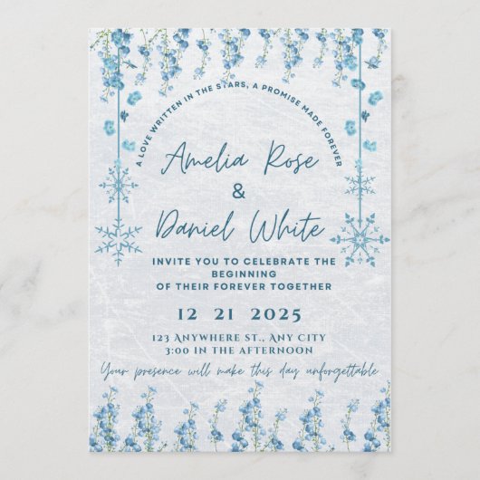 Blue Winter Floral Wedding Invitation  (Devant)