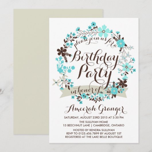 Blue Winter Floral Wreath Invitation Anniversaire (Devant / Derrière)