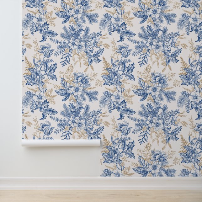 Blue Winter  Flower Pattern Behang (Applicatie)