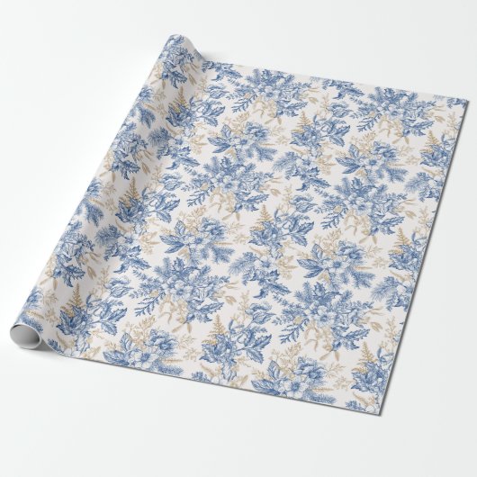 Blue Winter Flower Pattern Cadeaupapier (Uitgerold)