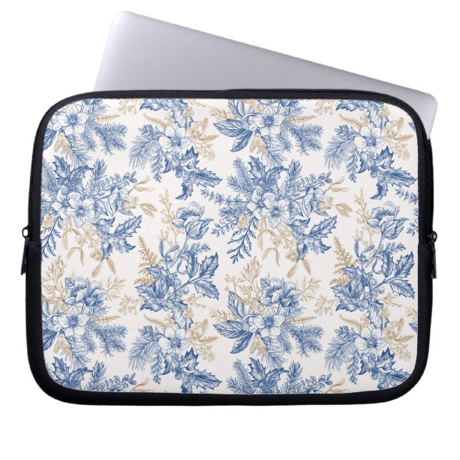 Blue Winter  Flower Pattern Laptop Sleeve (Voorkant)
