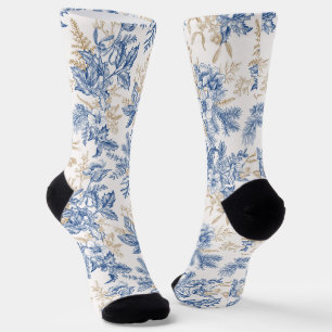 Blue Winter  Flower Pattern Sokken