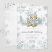 Blue Winter Forest Bear Balloon First Birthday Kaart (Voorkant / Achterkant)