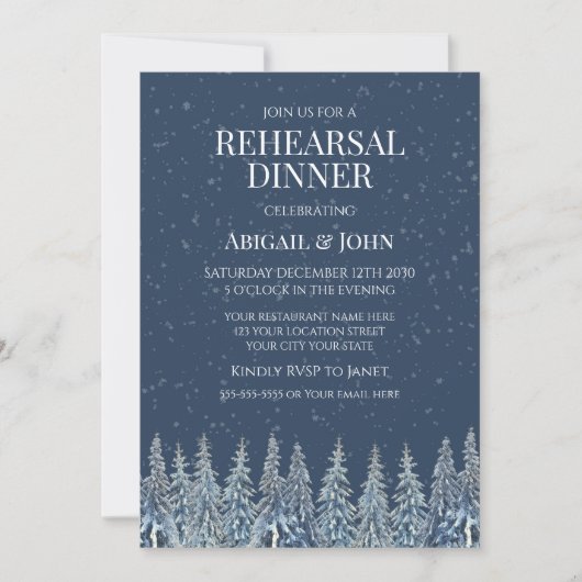 Blue Winter Forest Rustic Rehearsal Dinner Kaart (Voorkant)