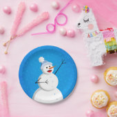 Blue Winter Happy Snowman Papieren Bordje (Feest)