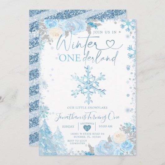 Blue Winter Onederland Snowflake 1st Birthday Invi Kaart (Voorkant / Achterkant)