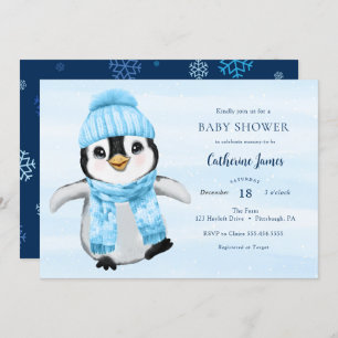 Blue Winter Penguin Baby shower Kaart