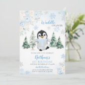 Blue Winter Penguin Verjaardagsfeest Kaart (Staand voorkant)
