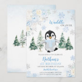 Blue Winter Penguin Verjaardagsfeest Kaart (Voorkant / Achterkant)