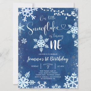 Blue Winter Snowflake First Birthday Invitation Kaart