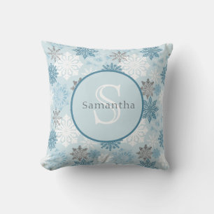 Blue Winter Snowflake Persoonlijk Monogram Kussen