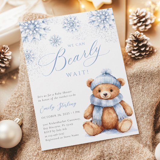 Blue Winter Teddy Bear Baby Shower Invitation