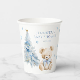 Blue Winter Teddy Bear Pine Tree Baby Girl Shower Papieren Bekers