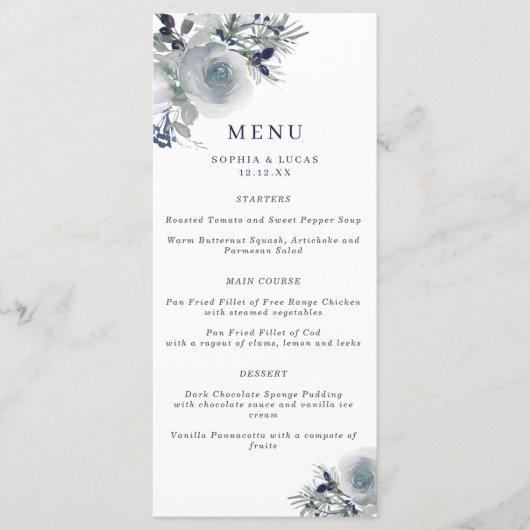 Blue Winter Watercolor Flowers Menu Mariage (Devant)