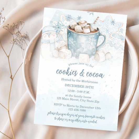 Blue Winter Waterverf Cookies en Cocoa Party Kaart