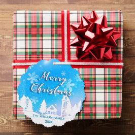 Blue Winter Wonderland White Snowy House Vakantie Ornament Kaart