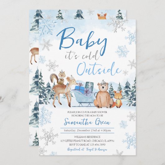 Blue Winter Woodland Baby shower Kaart (Voorkant / Achterkant)