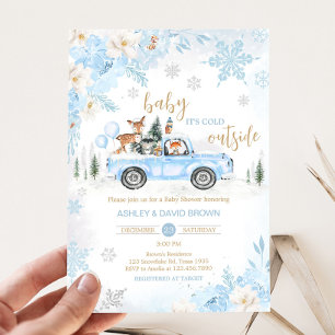 Blue Winter Woodland Truck Baby shower Kaart