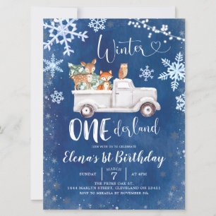 Blue Winter Woodland Truck First Birthday Invite Kaart