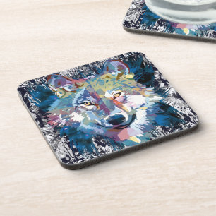 Blue Wolf Beverage Coaster   Colorful Wolf Drawing Bier Onderzetter