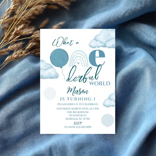 Blue Wonderful World First Birthday Invitation