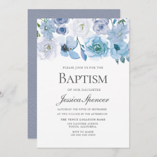 Blue Wonderland Grey Flower Baptism Invite Kaart
