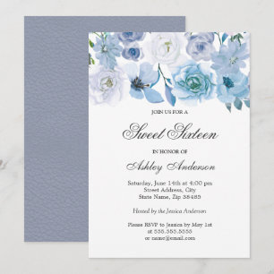 Blue Wonderland Grey Flower Sweet Sixteen Invite Kaart