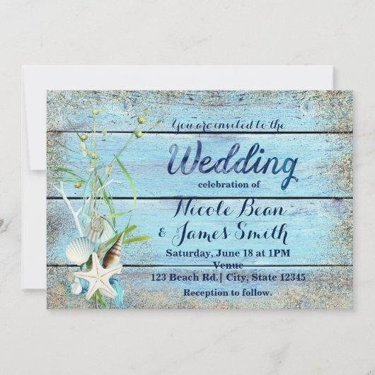 Blue Wood Beach Faire-part de mariage tropicale (Devant)