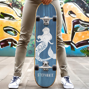 Blue Wood Beach Zeemeermin Aangepaste Naam Skateboard