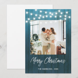 Blue Wood Bord String Lights Foto Kerst Feestdagenkaart