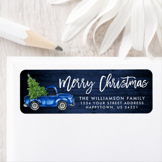 Blue Wood Brush Script Truck Kerstmis Etiket (Insitu)