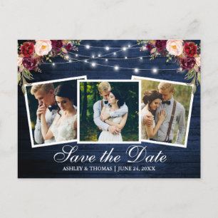 Blue Wood Burgundy Floral 3 Foto Save the Date Uitnodiging Briefkaart
