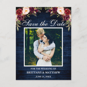 Blue Wood Burgundy Floral Foto Save the Date Briefkaart