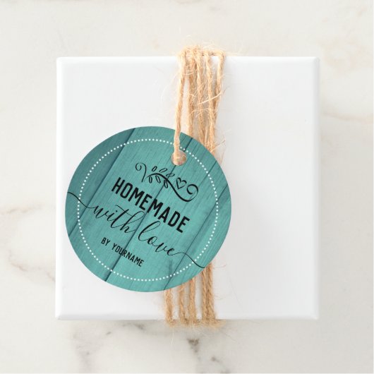 Blue Wood Fancy Script Homemade met liefde Busines Bedankjes Labels (In situ)