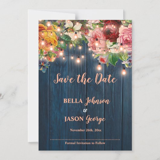 Blue Wood Floral String Lights Save The Date Magnetische Uitnodiging (Voorkant)