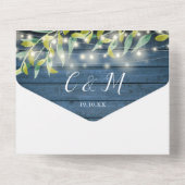 Blue Wood Foliage String Lights Mason Jars Wedding All In One Uitnodiging (Achterkant)