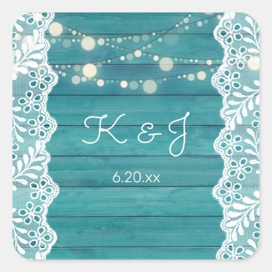 Blue Wood Jean Lace & String Lights Monogram Vierkante Sticker (Voorkant)