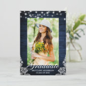 Blue Wood Lace Lights Foto Afstuderen Aankondiging (Staand voorkant)