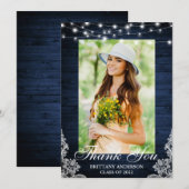 Blue Wood Lace String Lights Photo Afstuderen Bedankkaart (Voorkant / Achterkant)