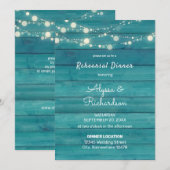 Blue Wood Lace & String Lights Rehearsal Dinner Kaart (Voorkant / Achterkant)
