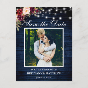 Blue Wood Lights Burgundy Floral Save the Date Briefkaart