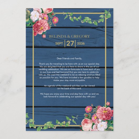Blue Wood Rozen Gold Wedding Itinerary Programma (Voorkant)