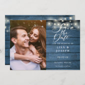 Blue Wood String Lights Script Photo Weddenschap Save The Date (Voorkant / Achterkant)