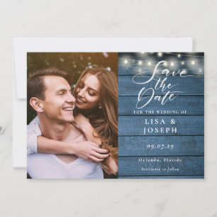Blue Wood String Lights Script Photo Weddenschap Save The Date
