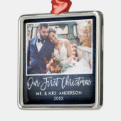 Blue Wood Weddenschap in penseel script onze eerst Metalen Ornament (Links)