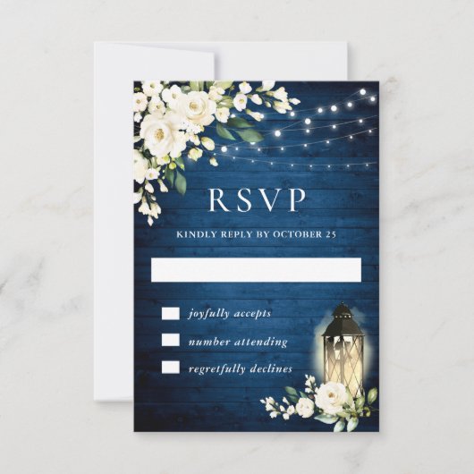 Blue Wood White Roses Rustic Light RSVP Card (Voorkant)