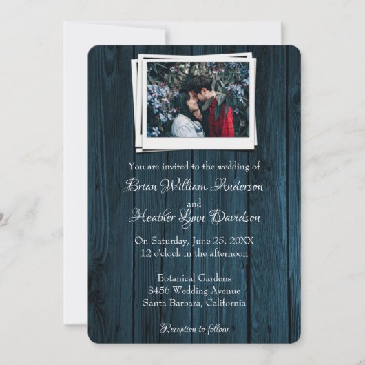 Blue Wooden Photo Wedding Invitation Kaart (Voorkant)