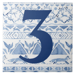 Blue Woodland Animal Ikat House Adres nummer 3 Tegeltje