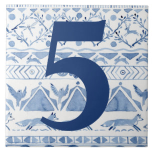 Blue Woodland Animal Ikat House Adres nummer 5 Tegeltje