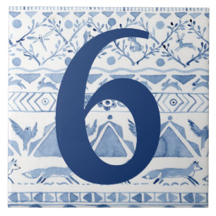 Blue Woodland Animal Ikat House Adres nummer 6 Tegeltje
